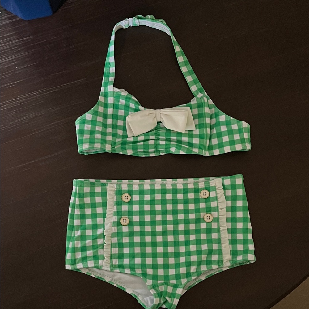 Janie And Jack Green Gingham Bikini Set with Bow